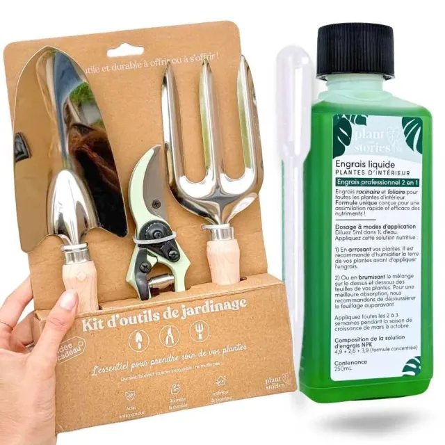 Plant and Stories pack 3 outils + engrais liquide 250 ml vitalité