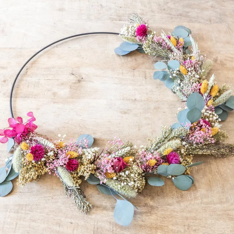 Réconciliation Végétale Hermione couronne fleurs séchées rose 30cm