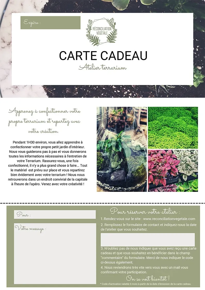 Réconciliation Végétale atelier terrarium carte cadeau à imprimer