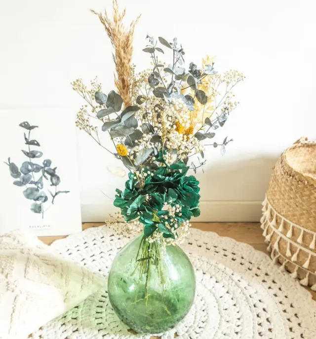 Réconciliation Végétale Jane bouquet fleurs séchées dame-jeanne vert