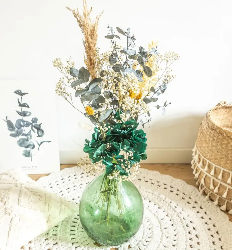 Réconciliation Végétale Jane bouquet fleurs séchées dame-jeanne vert