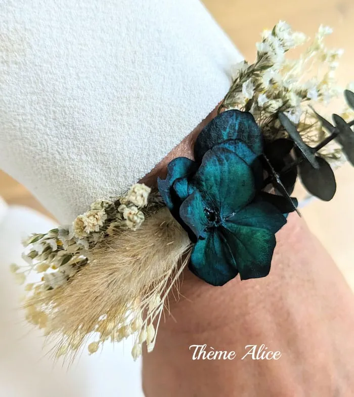 Réconciliation Végétale Bracelet mariée fleurs séchées ruban blanc