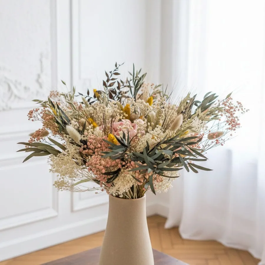 Réconciliation Végétale Emma bouquet fleurs séchées hortensia rose pastel