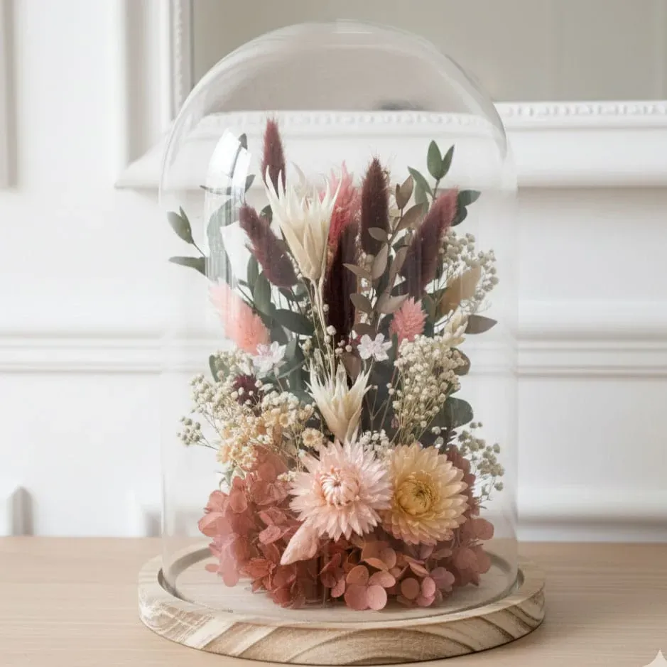 Réconciliation Végétale Manon cloche fleurs séchées hortensia vieux rose