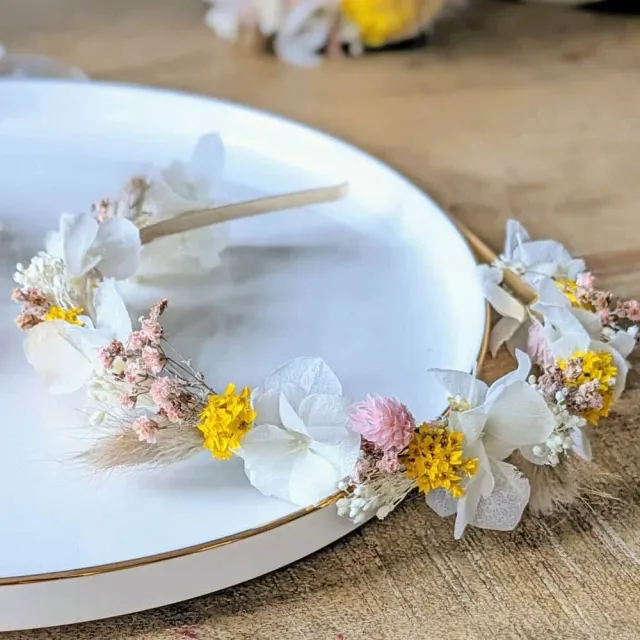 Réconciliation Végétale serre-tête fleurs séchées mariée doré personnalisable