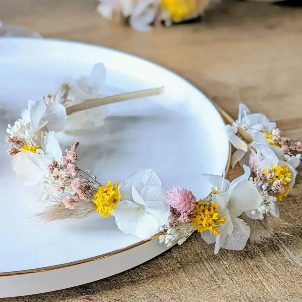 Réconciliation Végétale serre-tête fleurs séchées mariée doré personnalisable