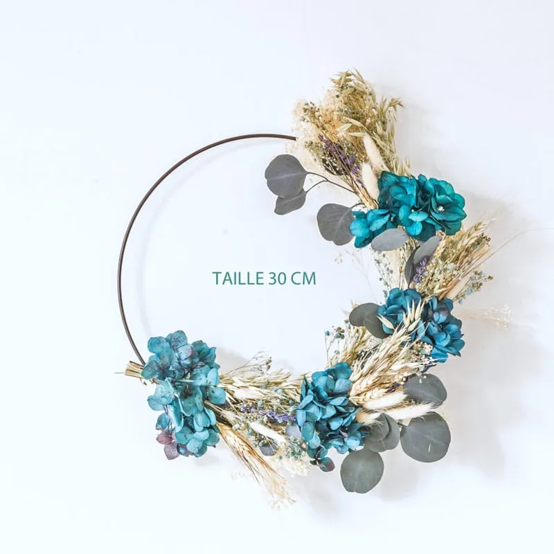 Réconciliation Végétale Holly couronne fleurs séchées hortensia bleu
