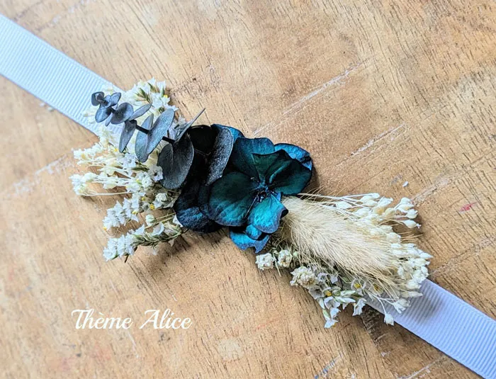 Réconciliation Végétale Bracelet mariée fleurs séchées ruban blanc