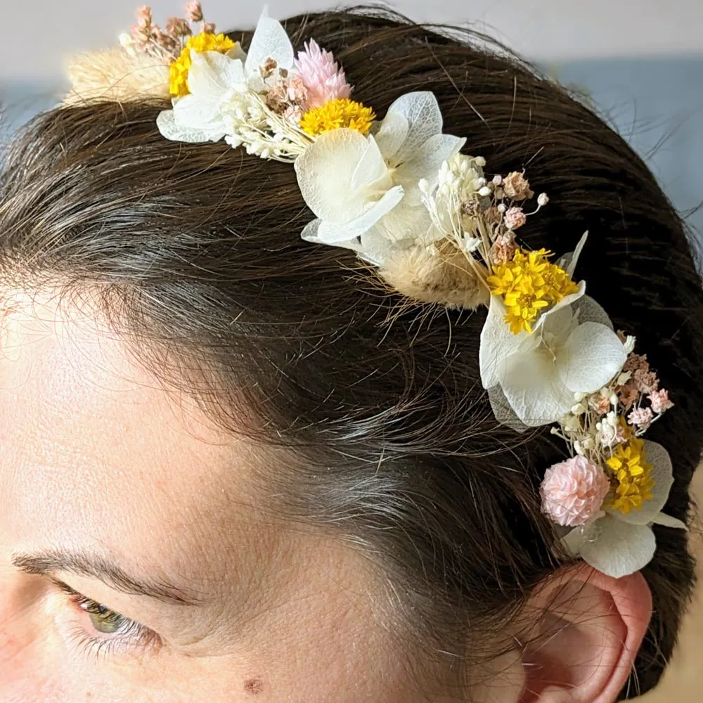 Réconciliation Végétale serre-tête fleurs séchées mariée doré personnalisable