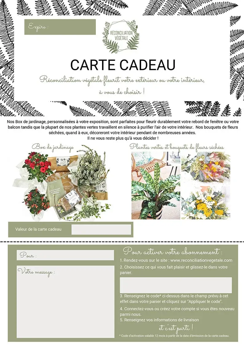 Réconciliation Végétale Carte cadeau à imprimer jardinage déco